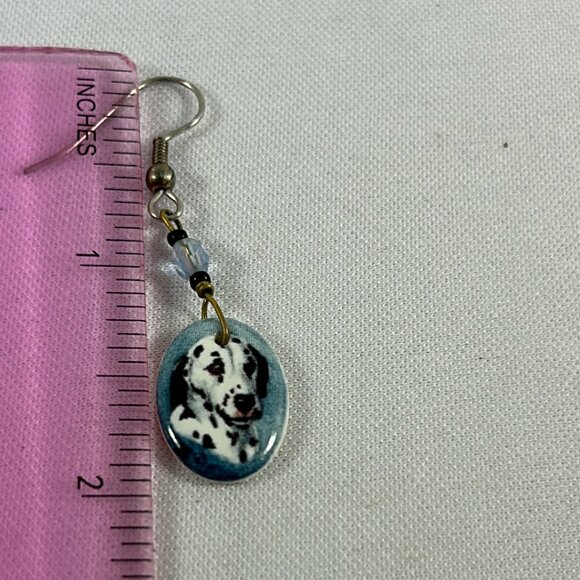 Dalmatian Dog Dangle Earrings Ceramic Blue Black White Beaded 2" Pet - Picture 8 of 9